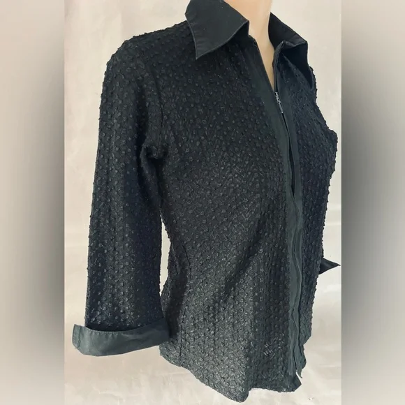 Black Textured Crinkle Full Zip Top Size Small S stretch w Collar 3/4 “ Sleeve - Picture 5 of 13